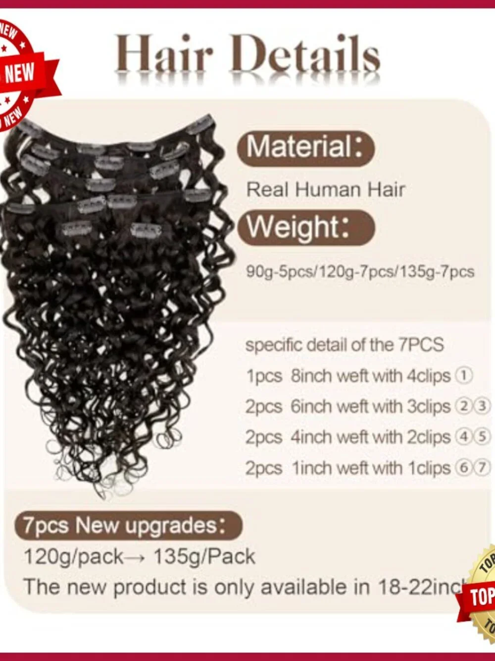 7-Piece Clip-In Hair Extensions, 120g Remy Human Hair, Natural Wave Curls